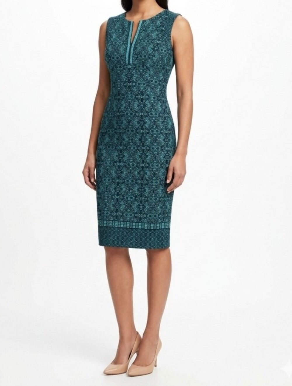 ADORNE Tatum Scuba Knit Midi Sheath Dress Sleeveless Printed Teal Green Sz 8